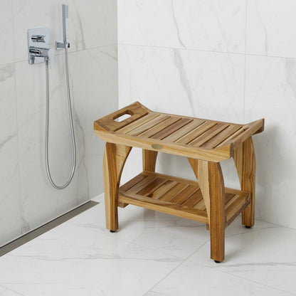 Compact Rectangular Teak Shower Bench With Handles In Natural Finish HomeRoots