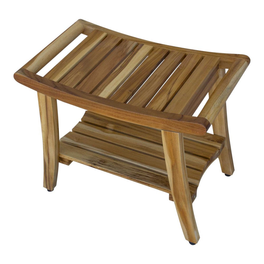 Contemporary Teak Shower Bench With Shelf In Natural Finish HomeRoots