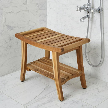 Contemporary Teak Shower Bench With Shelf In Natural Finish HomeRoots