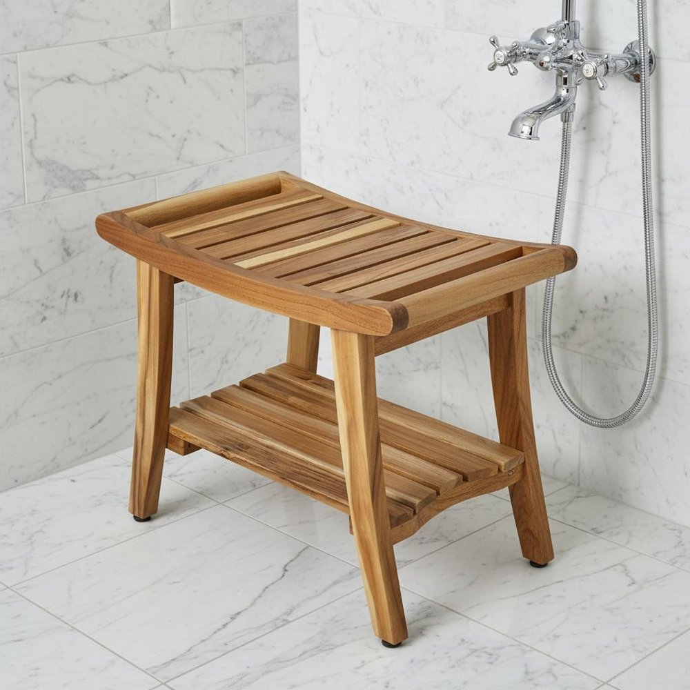 Contemporary Teak Shower Bench With Shelf In Natural Finish HomeRoots