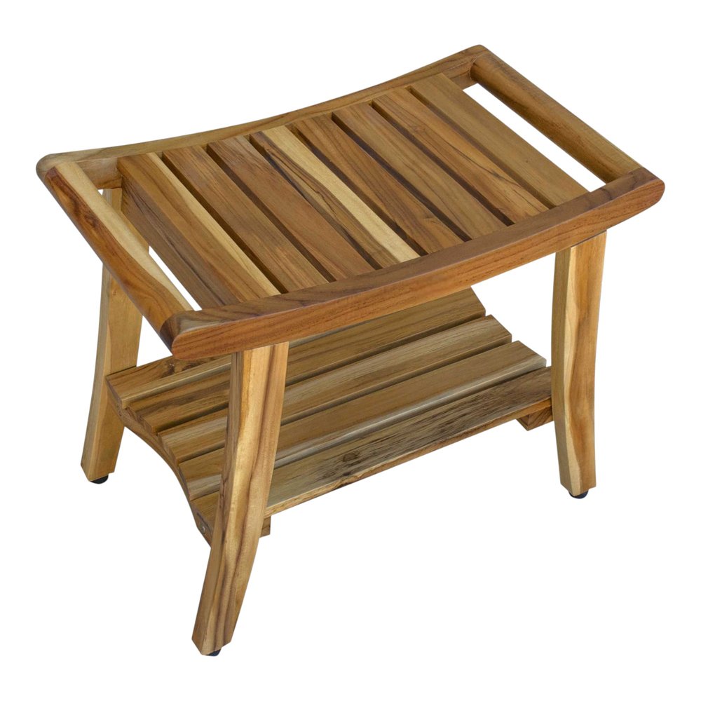 Contemporary Teak Shower Bench With Shelf In Natural Finish HomeRoots