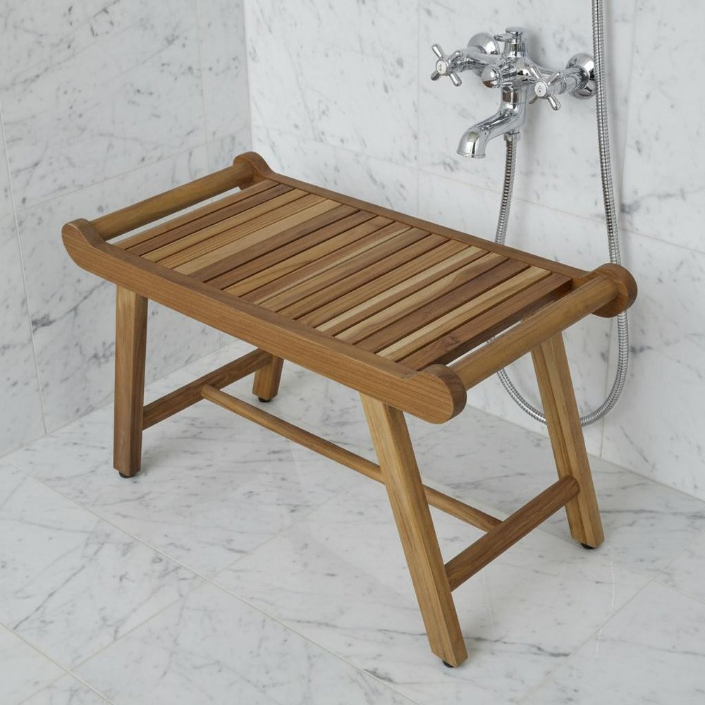 Rectangular Teak Shower Bench With Handles In Natural Finish HomeRoots