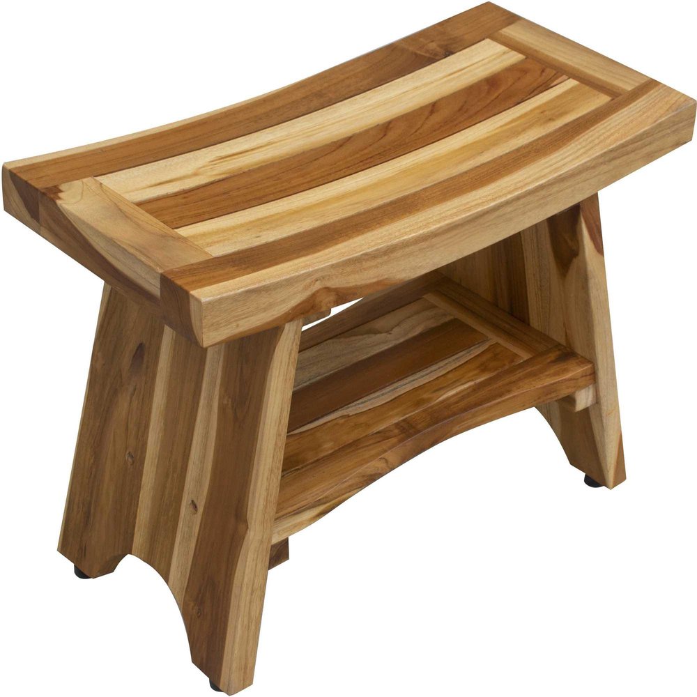 24" Natural Teak Rectangular Shower Bench With Shelf HomeRoots