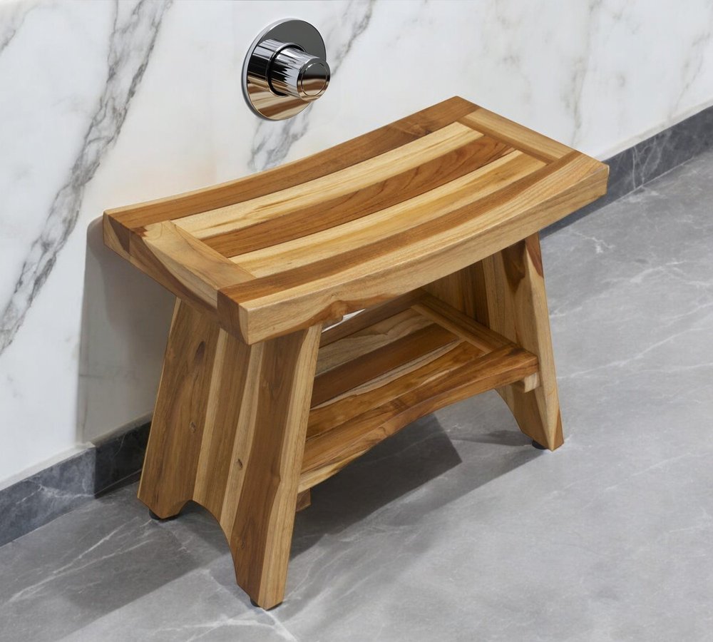 24" Natural Teak Rectangular Shower Bench With Shelf HomeRoots