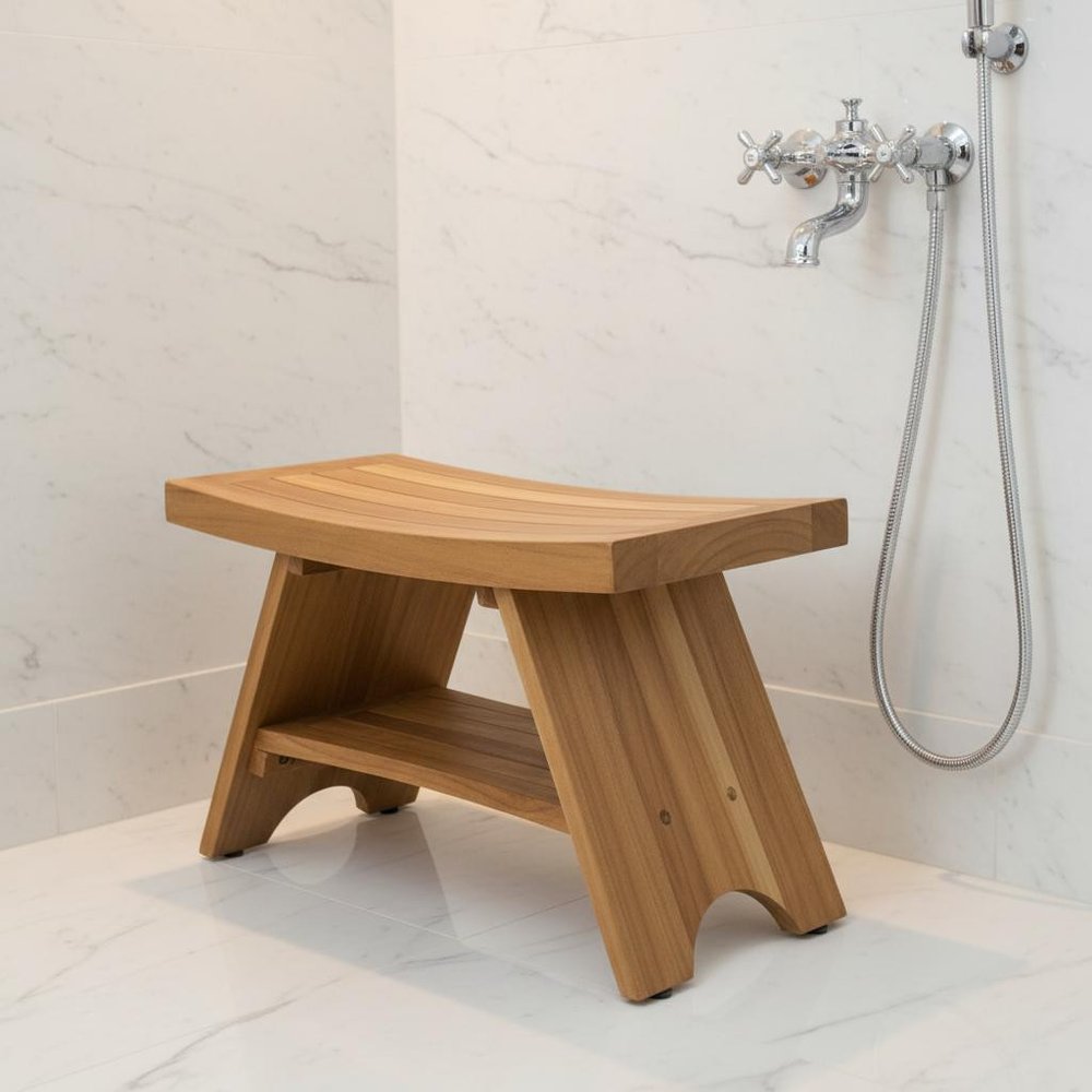 Rectangular Teak Shower Stool Or Bench With Shelf In Natural Finish HomeRoots