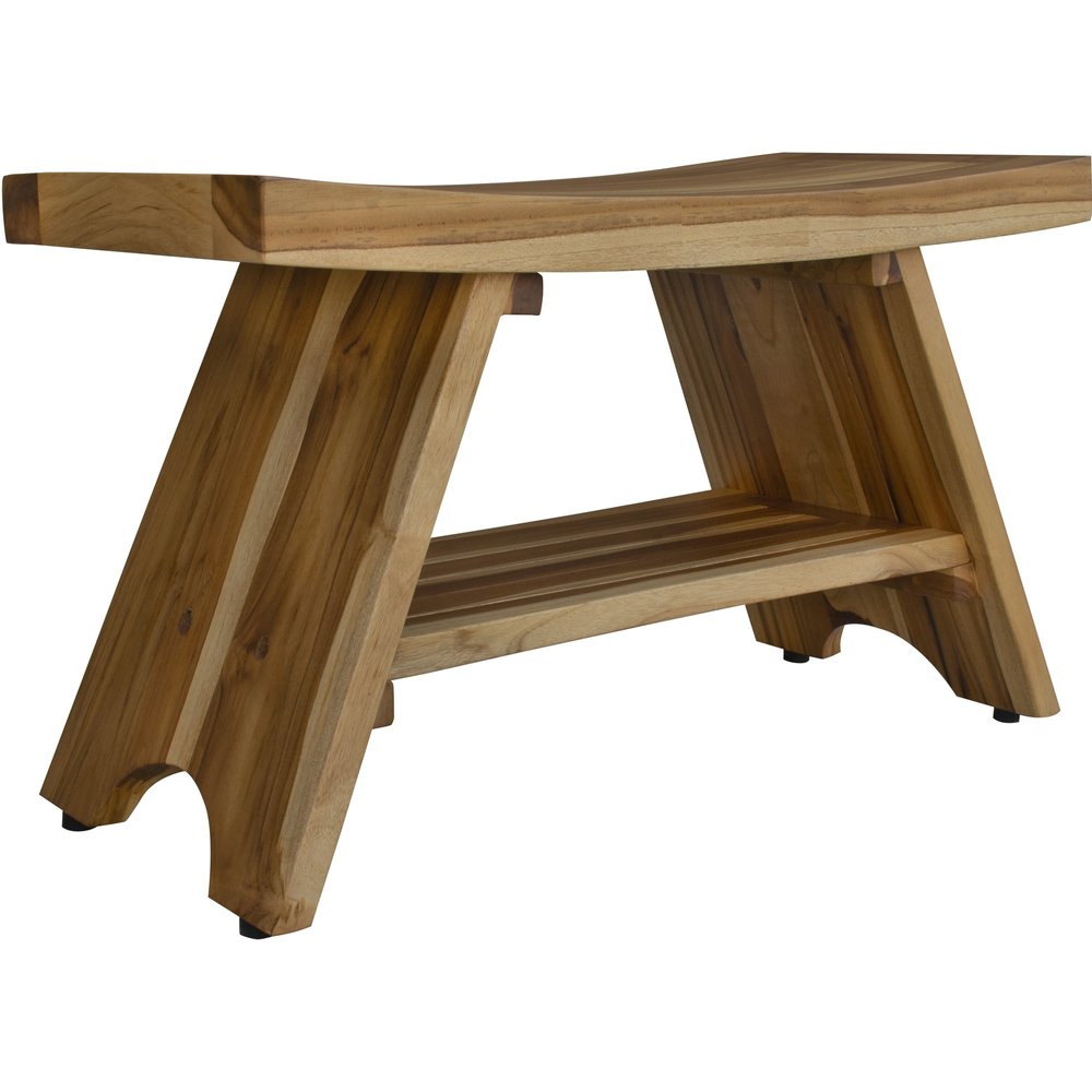 35" Teak Rectangular Shower Outdoor Bench With Shelf In Natural Finish HomeRoots