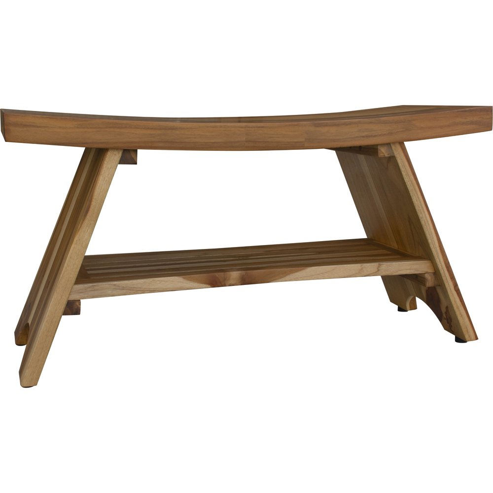 35" Teak Rectangular Shower Outdoor Bench With Shelf In Natural Finish HomeRoots