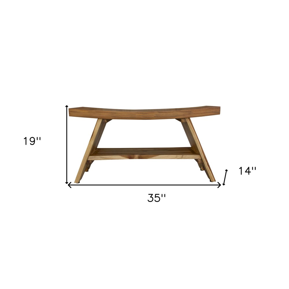35" Teak Rectangular Shower Outdoor Bench With Shelf In Natural Finish HomeRoots