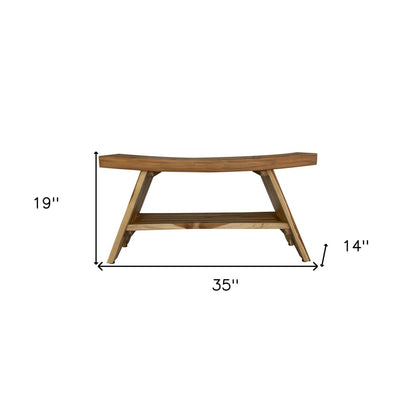35" Teak Rectangular Shower Outdoor Bench With Shelf In Natural Finish HomeRoots