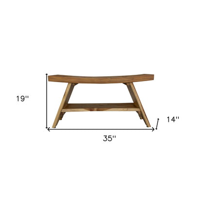 35" Teak Rectangular Shower Outdoor Bench With Shelf In Natural Finish - FurniFindUSA