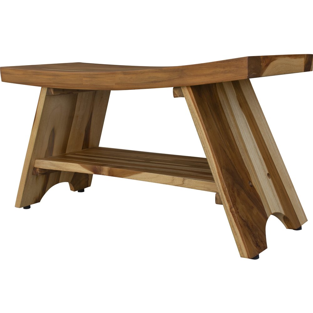 35" Teak Rectangular Shower Outdoor Bench With Shelf In Natural Finish HomeRoots