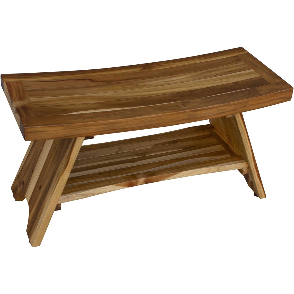35" Teak Rectangular Shower Outdoor Bench With Shelf In Natural Finish HomeRoots