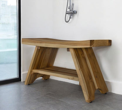35" Teak Rectangular Shower Outdoor Bench With Shelf In Natural Finish HomeRoots