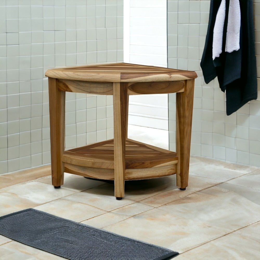 19" X 22" Natural Teak Corner Shower Bench With Shelf - FurniFindUSA