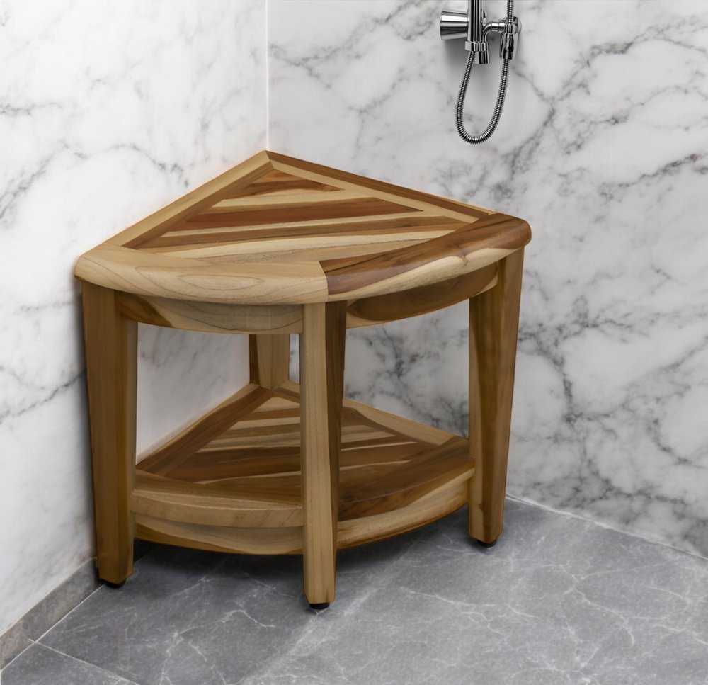 22" Natural Teak Corner Shower Bench With Shelf HomeRoots