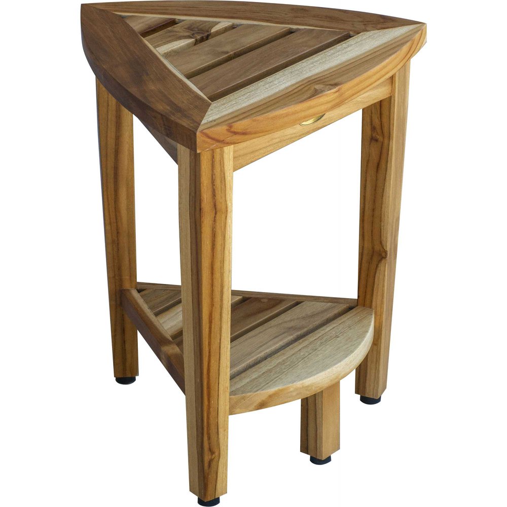 Compact Teak Corner Shower Or Outdoor Bench With Shelf In Natural Finish HomeRoots