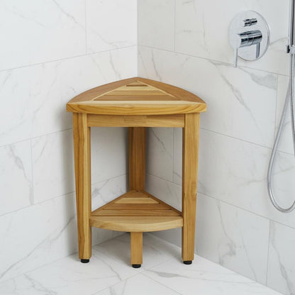 Compact Teak Corner Shower Or Outdoor Bench With Shelf In Natural Finish HomeRoots