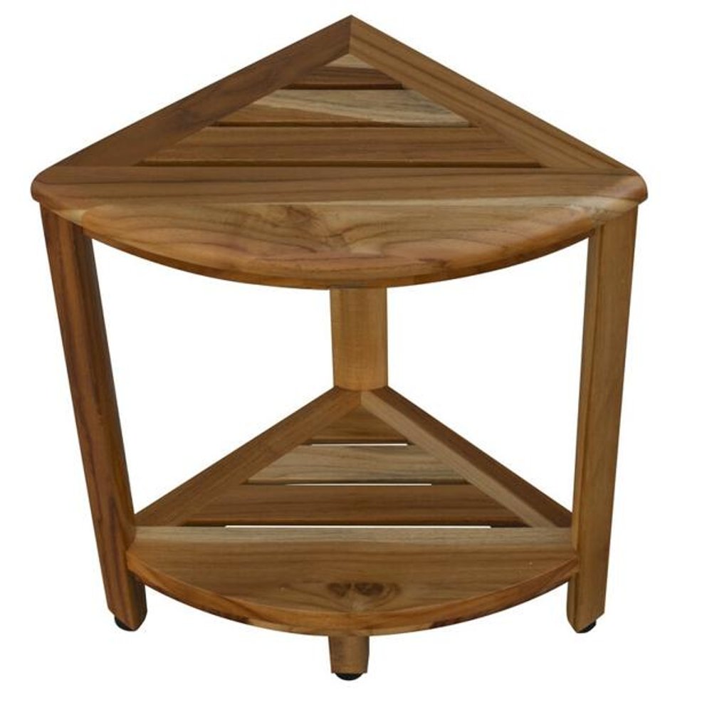17" Brown Teak Corner Shower Bench With Shelf HomeRoots