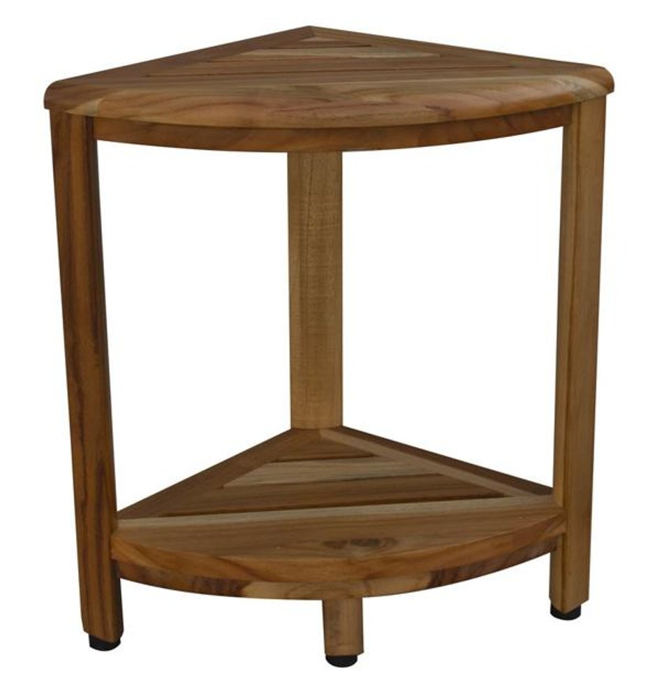 17" Brown Teak Corner Shower Bench With Shelf HomeRoots