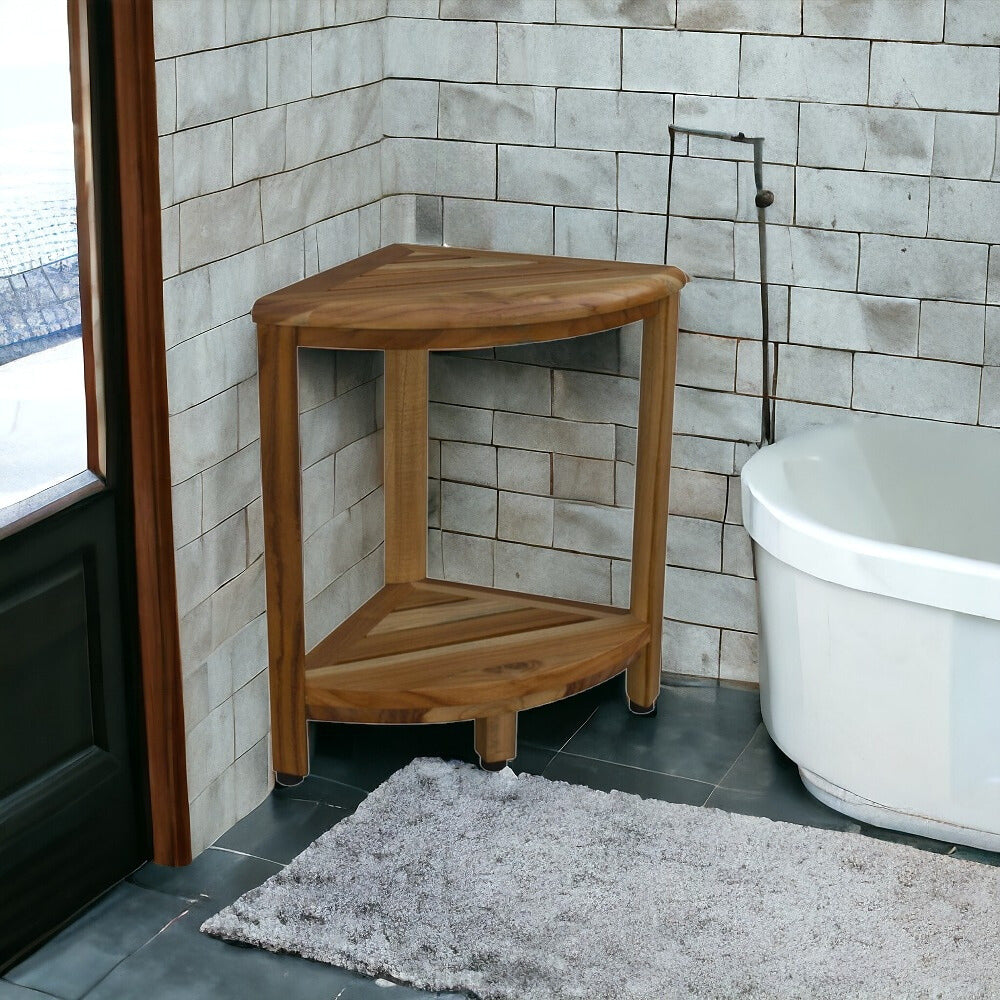 18" X 17" Brown Teak Corner Shower Bench With Shelf - FurniFindUSA