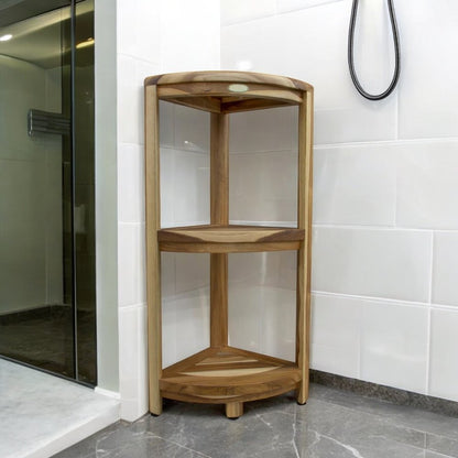 33" Natural Teak Corner Shower Bench With Shelf HomeRoots