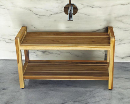35" Natural Teak Rectangular Shower Bench With Shelf HomeRoots