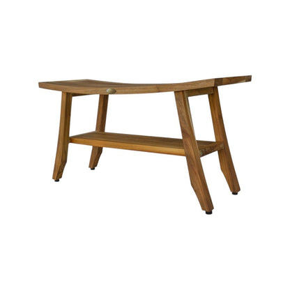 Compact Curvilinear Teak Shower Outdoor Bench With Shelf In Natural Finish HomeRoots