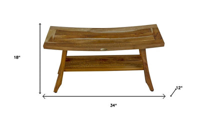 Compact Curvilinear Teak Shower Outdoor Bench With Shelf In Natural Finish HomeRoots