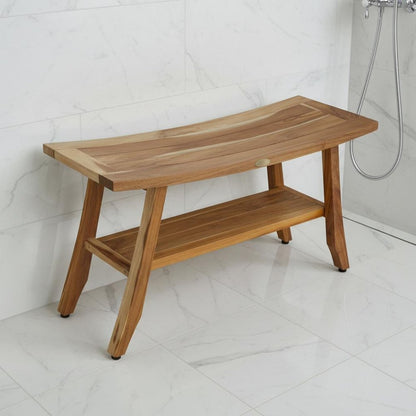 Compact Curvilinear Teak Shower Outdoor Bench With Shelf In Natural Finish HomeRoots