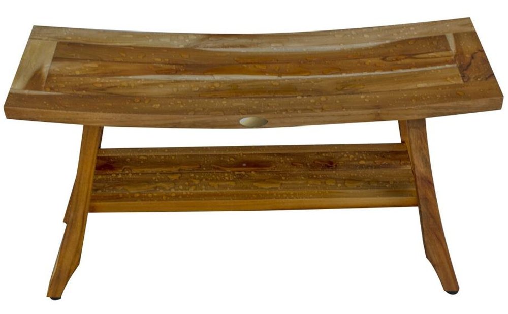 Compact Curvilinear Teak Shower Outdoor Bench With Shelf In Natural Finish HomeRoots