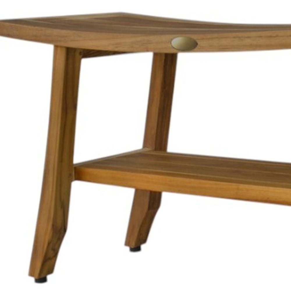 Compact Curvilinear Teak Shower Outdoor Bench With Shelf In Natural Finish HomeRoots