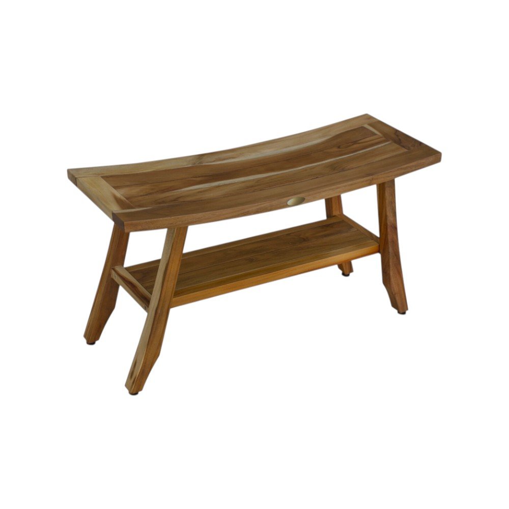 Compact Curvilinear Teak Shower Outdoor Bench With Shelf In Natural Finish HomeRoots