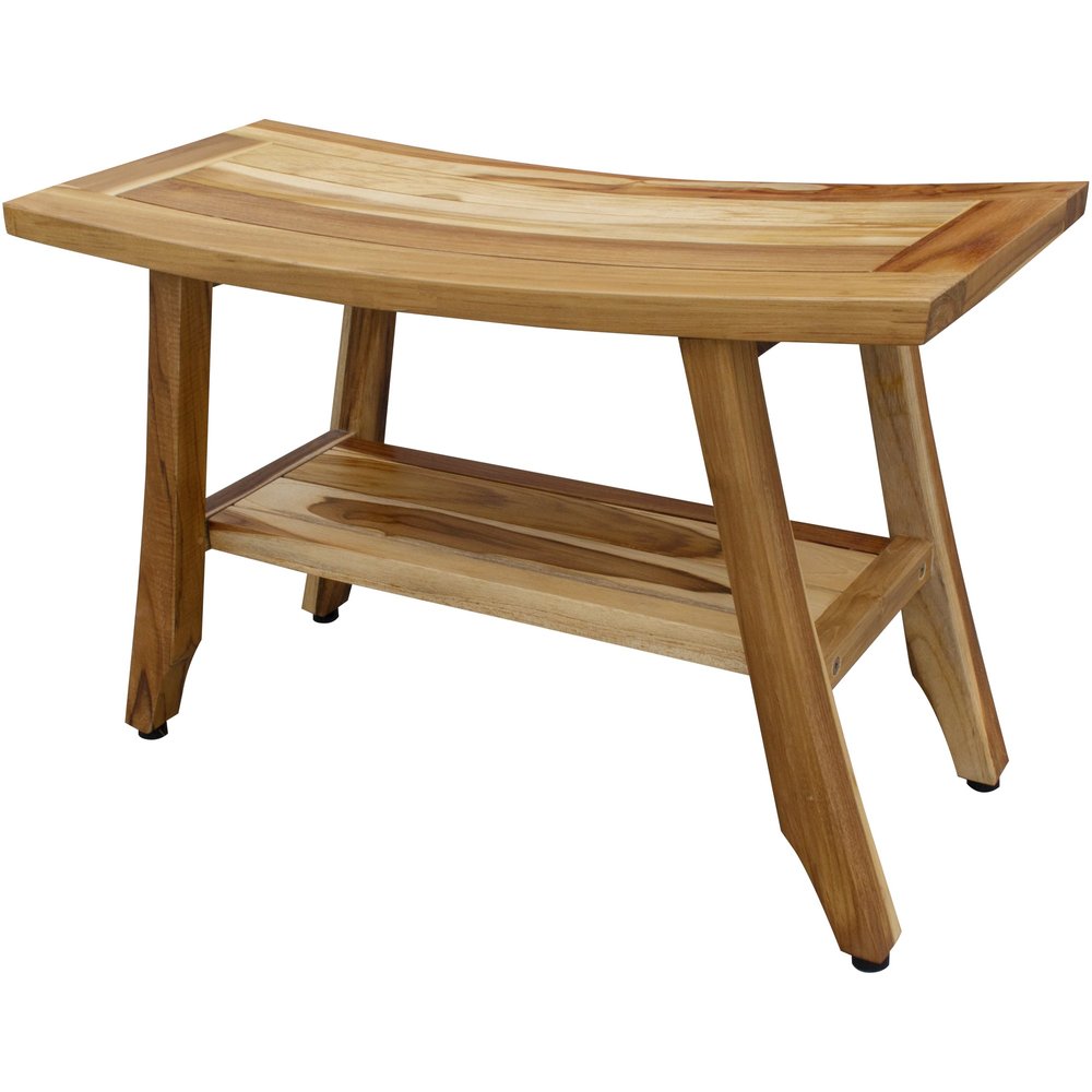 28" Natural Solid Teak Rectangular Shower Bench With Shelf HomeRoots