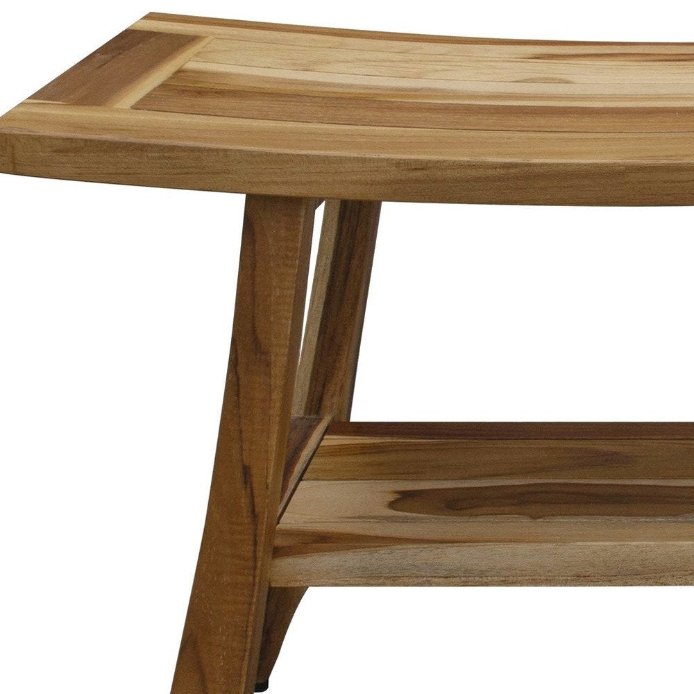 28" Natural Solid Teak Rectangular Shower Bench With Shelf HomeRoots