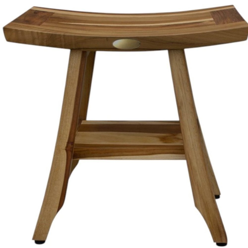 Compact Rectangular Teak Shower Outdoor Bench With Shelf In Natural Finish HomeRoots