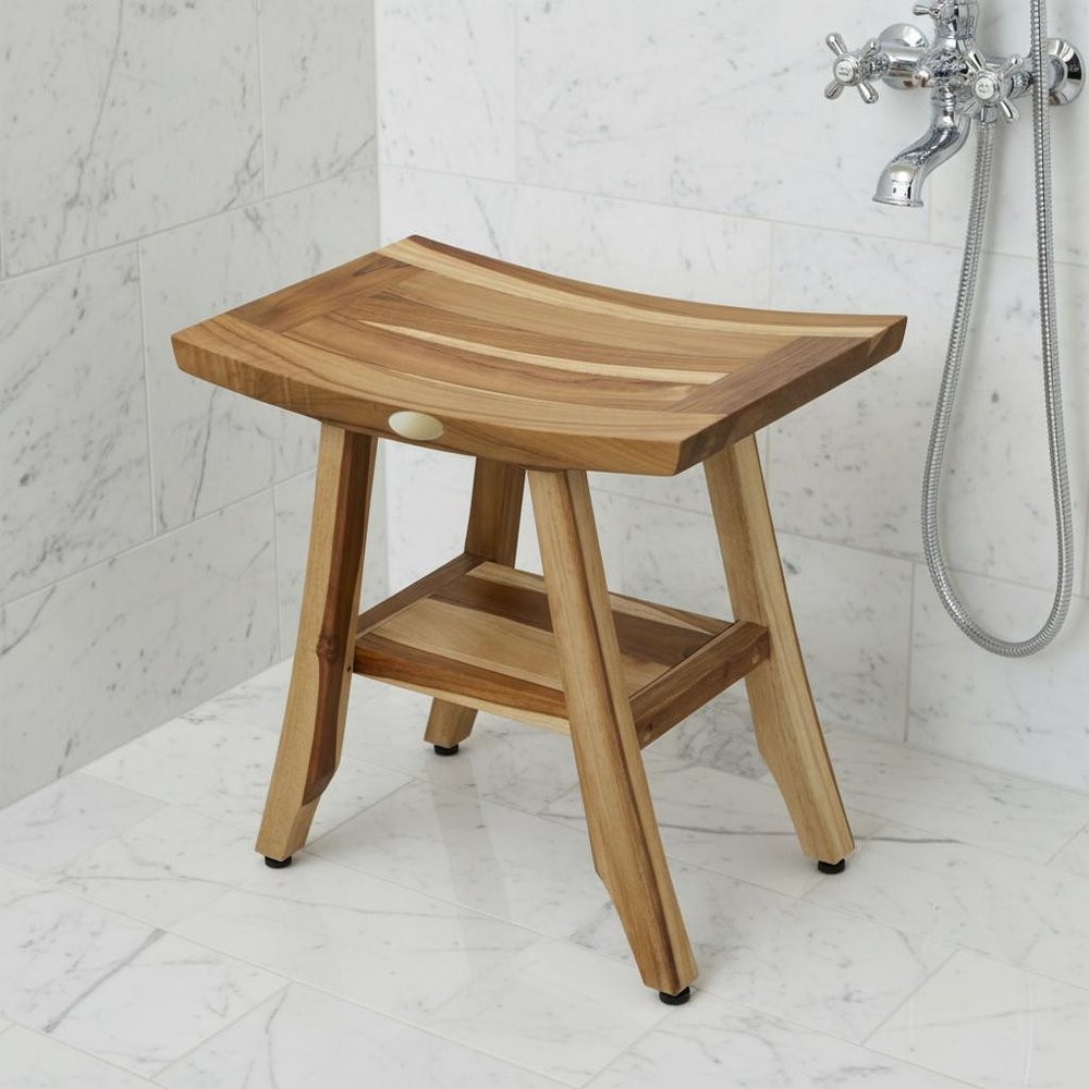 Compact Rectangular Teak Shower Outdoor Bench With Shelf In Natural Finish HomeRoots