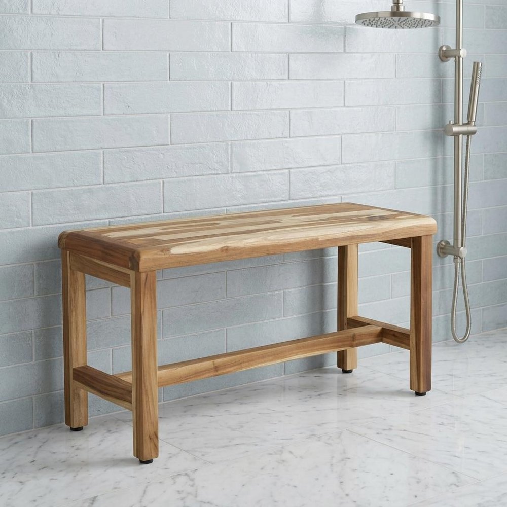 34" Natural Teak Rectangular Shower Bench With Shelf HomeRoots