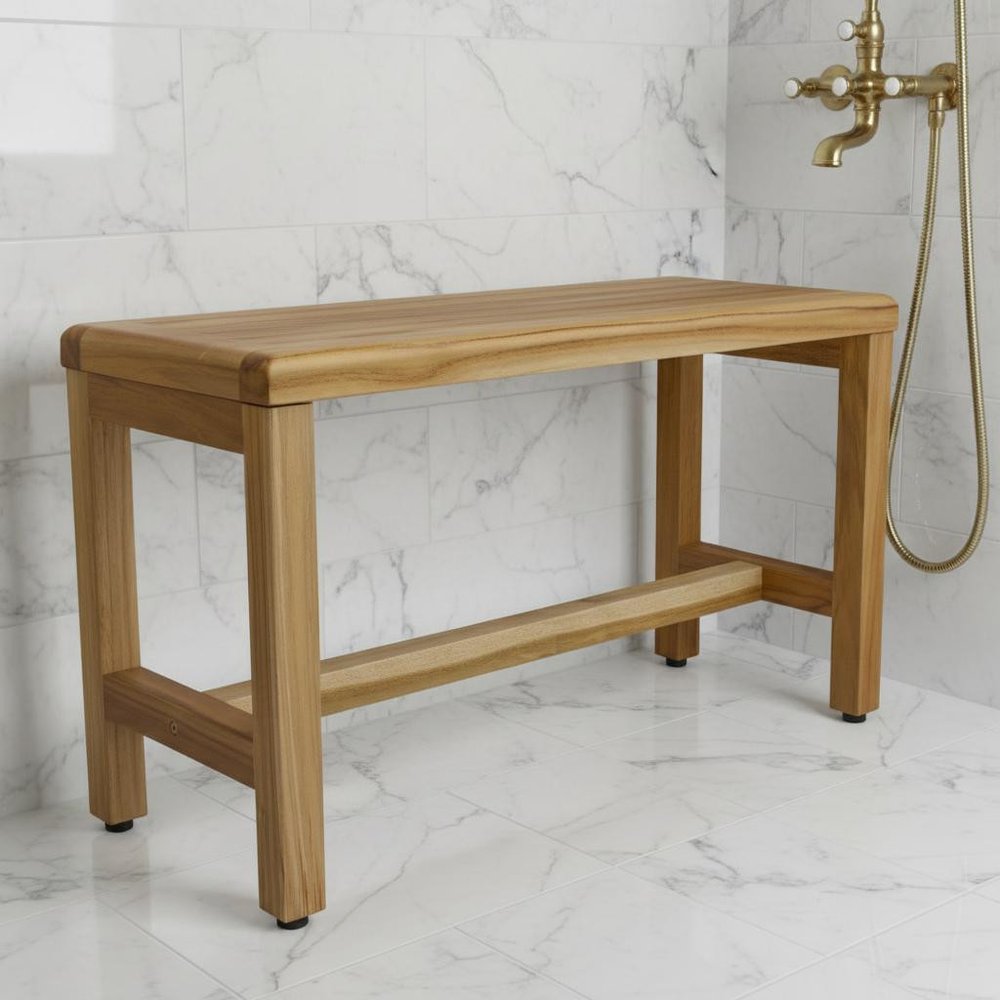Compact Rectangular Teak Shower Outdoor Bench In Natural Finish HomeRoots