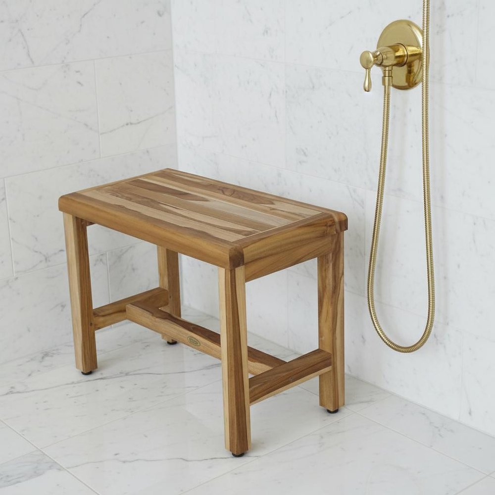 Compact Rectangular Teak Shower  Outdoor Bench With Shelf In Natural Finish HomeRoots