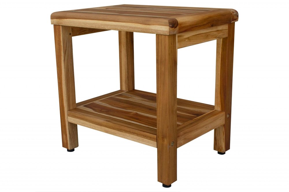 18" Contemporary Teak Shower Stool Or Bench With Shelf In Natural Finish HomeRoots