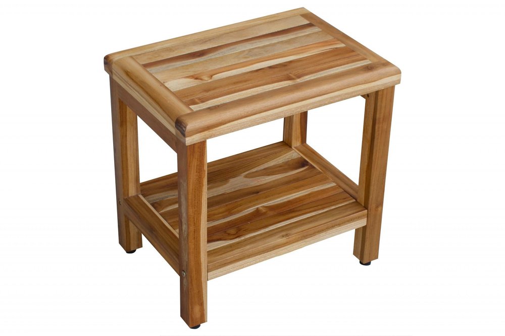 18" Contemporary Teak Shower Stool Or Bench With Shelf In Natural Finish HomeRoots