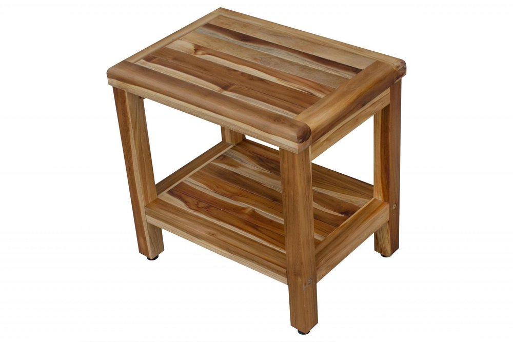 18" Contemporary Teak Shower Stool Or Bench With Shelf In Natural Finish HomeRoots