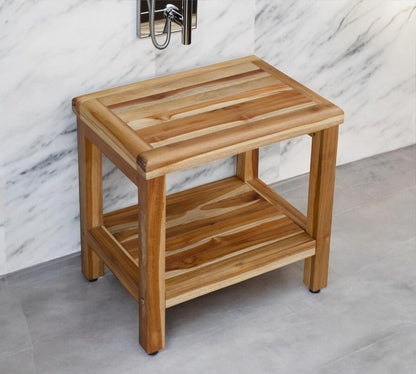 18" Contemporary Teak Shower Stool Or Bench With Shelf In Natural Finish HomeRoots