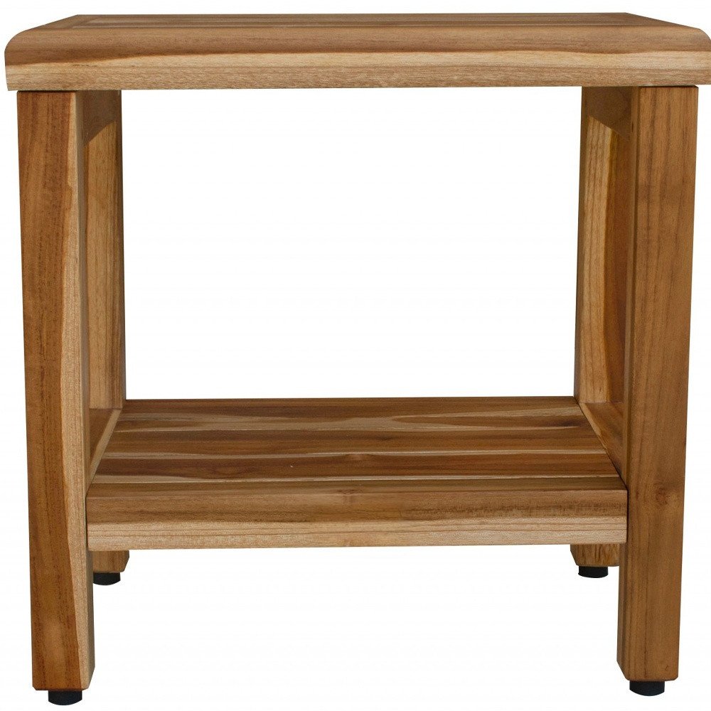 18" Contemporary Teak Shower Stool Or Bench With Shelf In Natural Finish HomeRoots