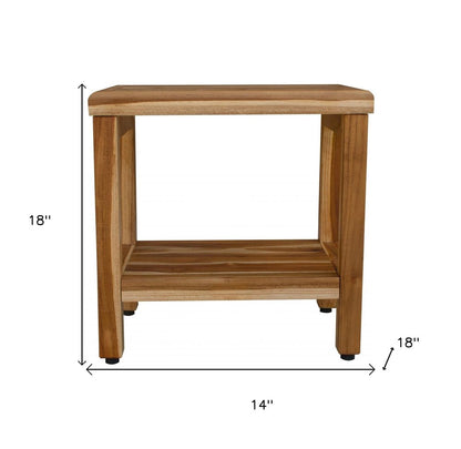 18" Contemporary Teak Shower Stool Or Bench With Shelf In Natural Finish HomeRoots