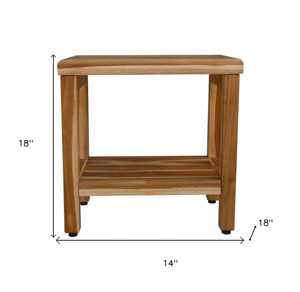 18" Contemporary Teak Shower Stool Or Bench With Shelf In Natural Finish HomeRoots