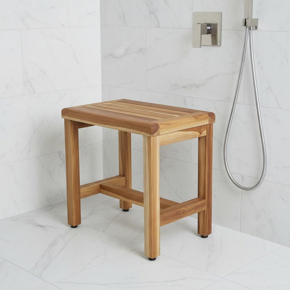 Compact Rectangular Teak Shower Or Outdoor Bench In Natural Finish HomeRoots