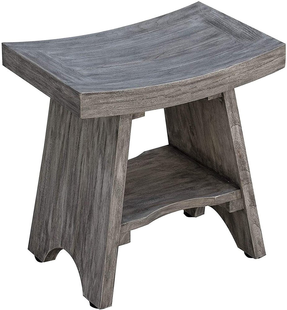 18" Gray Solid Wood Rectangular Shower Bench With Shelf HomeRoots