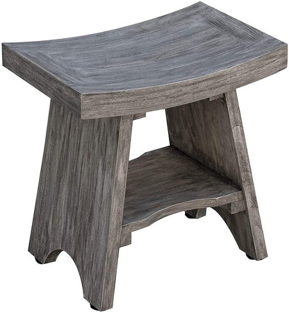 18" Gray Solid Wood Rectangular Shower Bench With Shelf HomeRoots