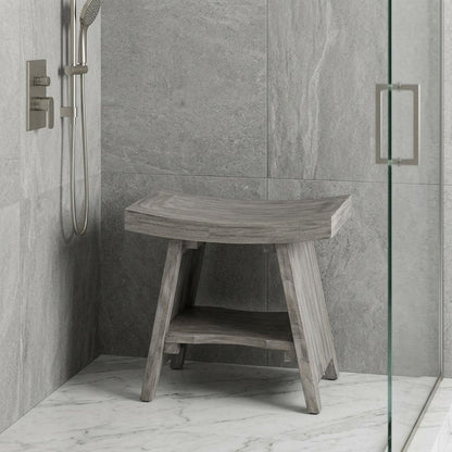 18" Gray Solid Wood Rectangular Shower Bench With Shelf HomeRoots